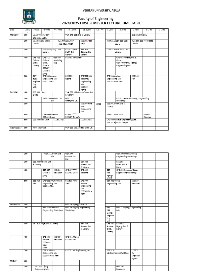 Engineering First Semester Timetable 2025 | PDF