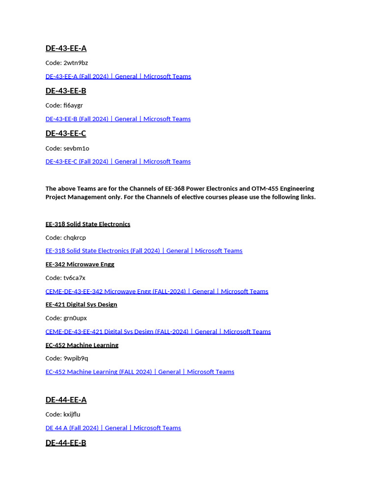 Fall 2024 Microsoft Teams Links | PDF