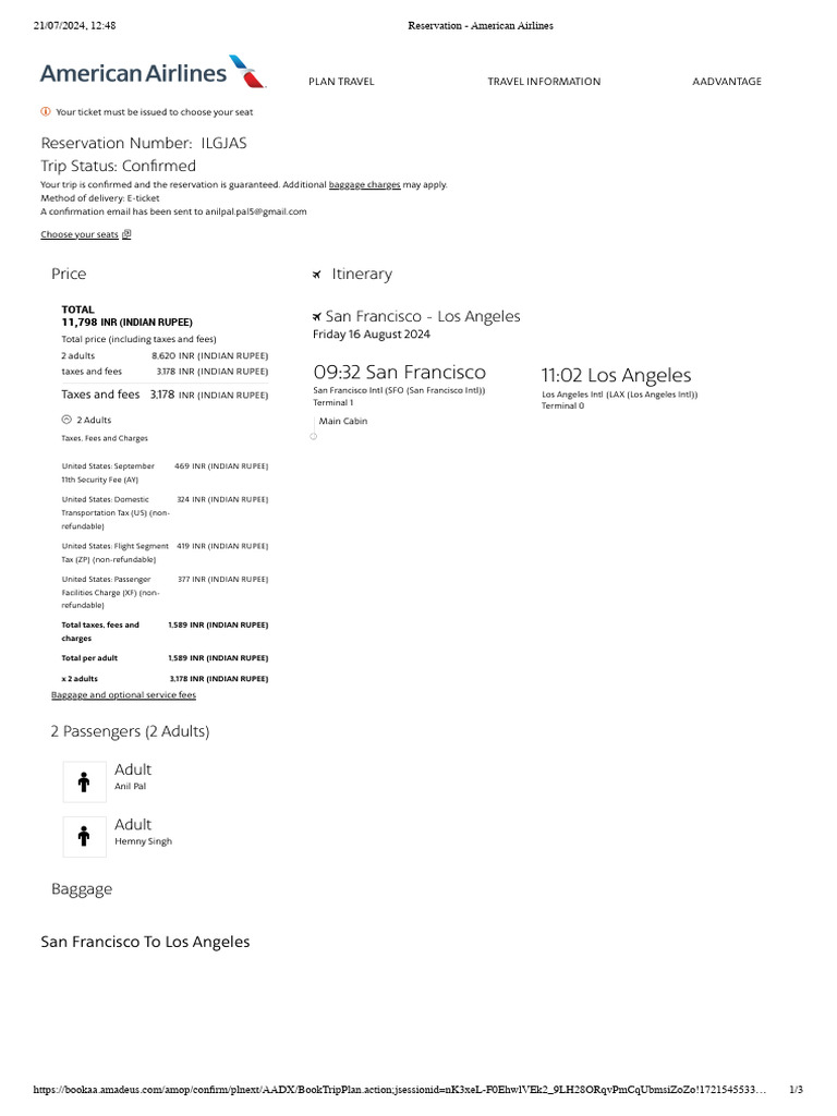 Reservation - American Airlines | PDF | San Francisco International