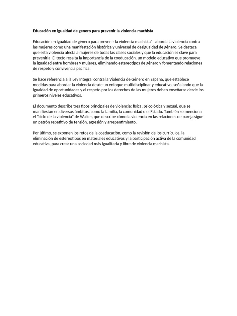 Documento Educación En Igualdad De Genero Para Prevenir La Violencia