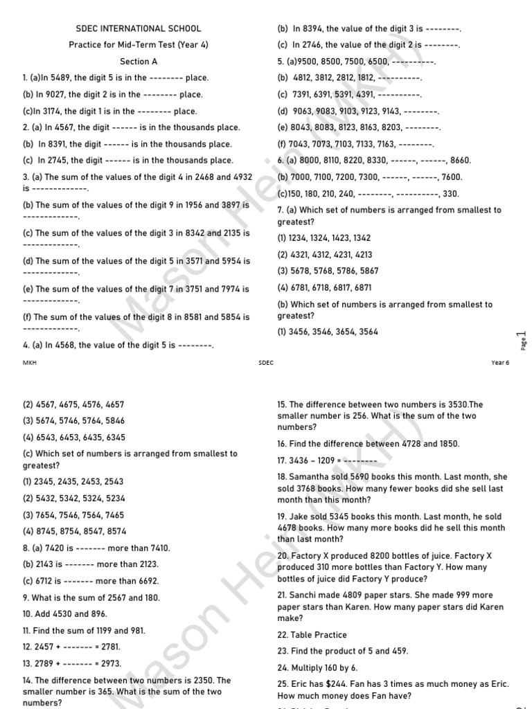 Year 4 Mathematics Section A, B&C Practice Mid | PDF