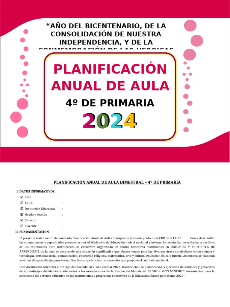 Planificación Anual 2024: 4º Primaria | PDF | Enseñando | Plan de estudios