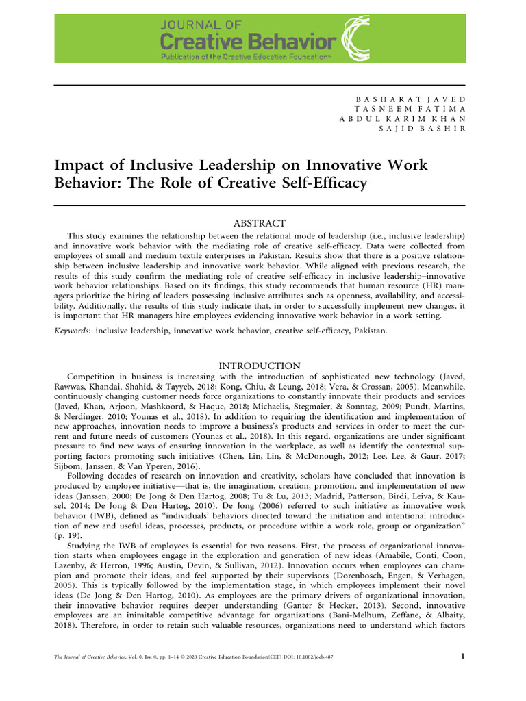 Inclusive Leadership & Innovation Impact | PDF | Self Efficacy | Psychology