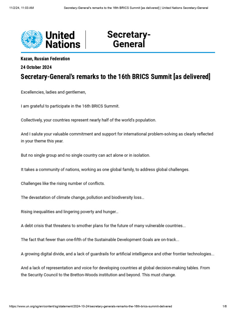UN Secretary-General's BRICS Summit Remarks | PDF | United Nations ...