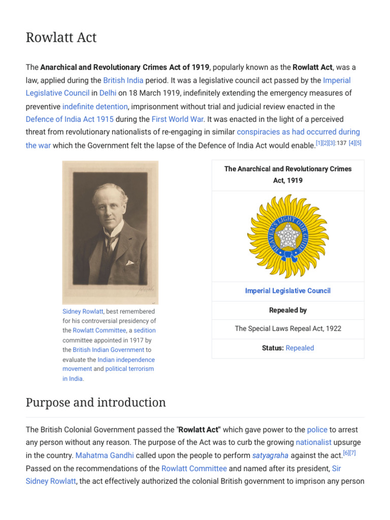 Rowlatt Act: 1919's Controversial Law | PDF | Independence Movements ...