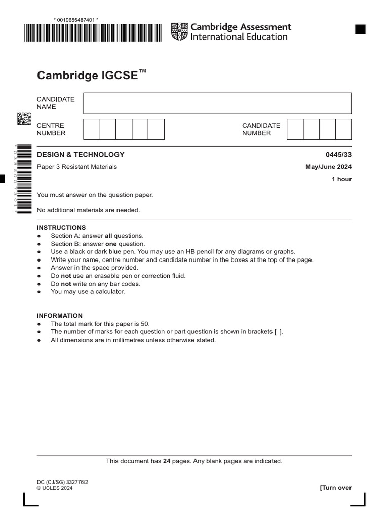 Cambridge IGCSE: Design & Technology 0445/33 | PDF
