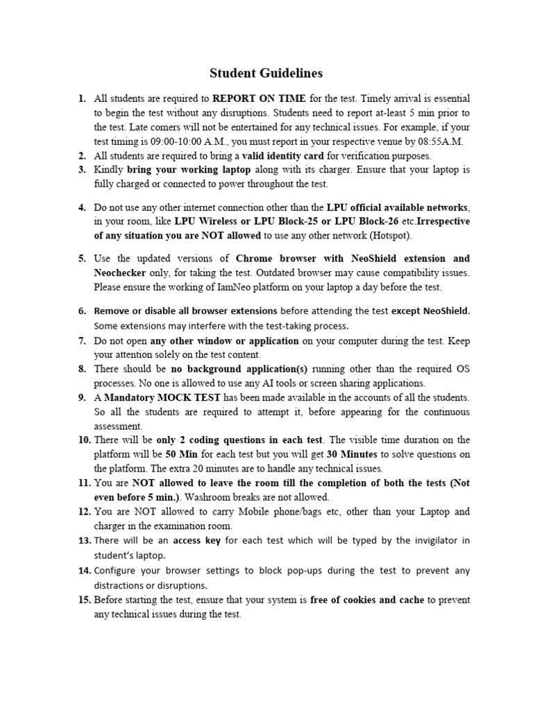 Essential Student Test Guidelines | PDF | Laptop | Computing