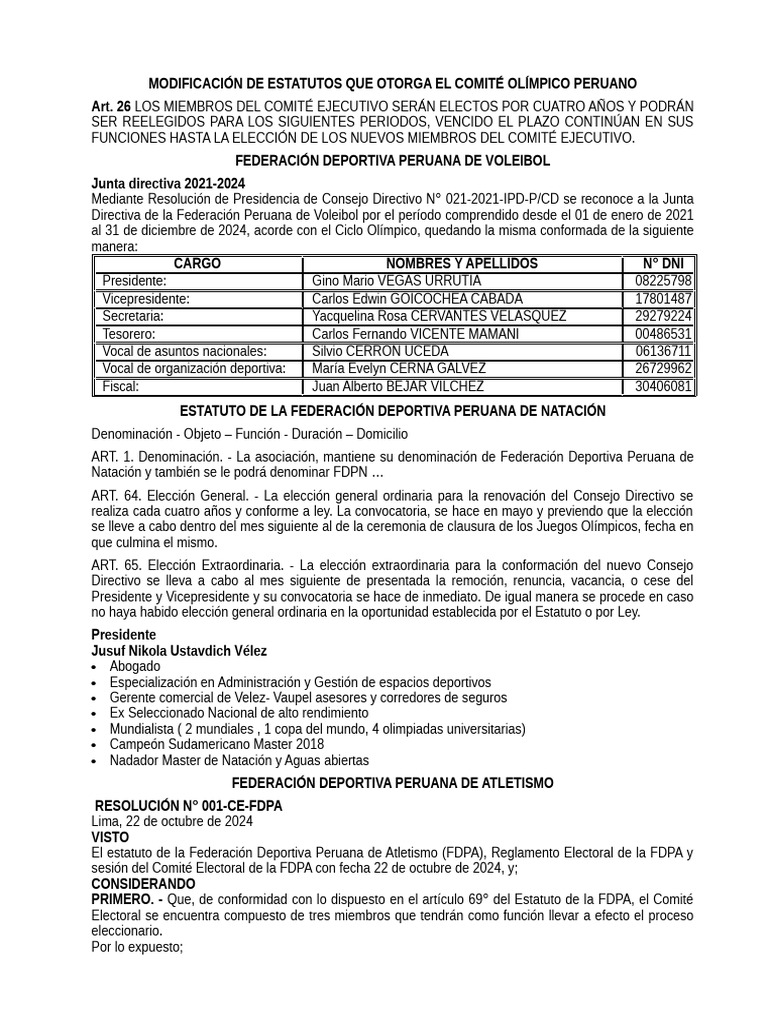 Modificación de Estatutos Que Otorga El Comité Olímpico Peruano | PDF ...