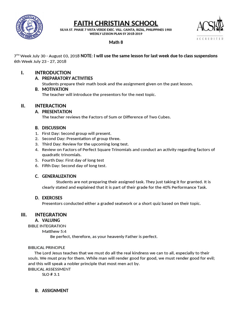 Math 8 Weekly Lesson Plan: Week 7 | PDF | Christian Belief And Doctrine ...