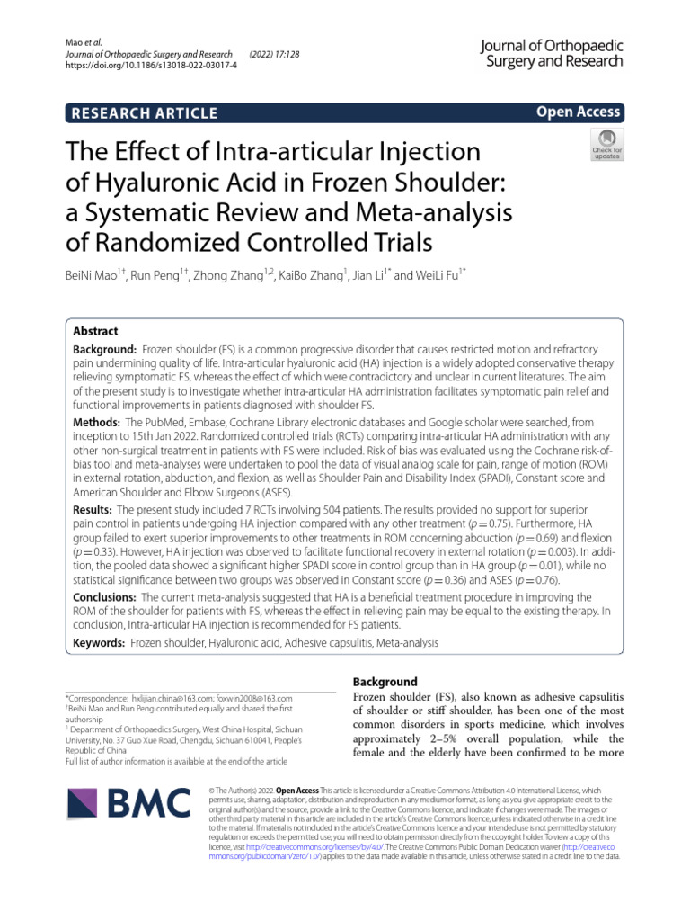 The Effect of Intra-Articular Injection of Hyaluronic Acid in Frozen ...