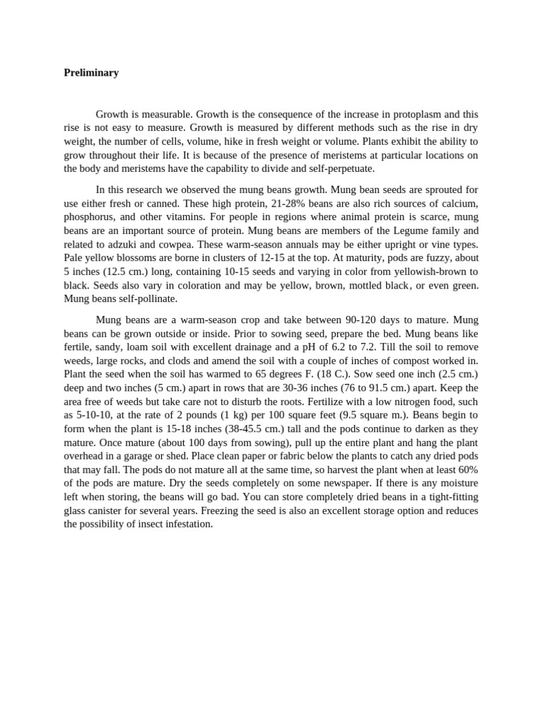 Preliminary of Mung Beans Growth | PDF | Legume | Bean