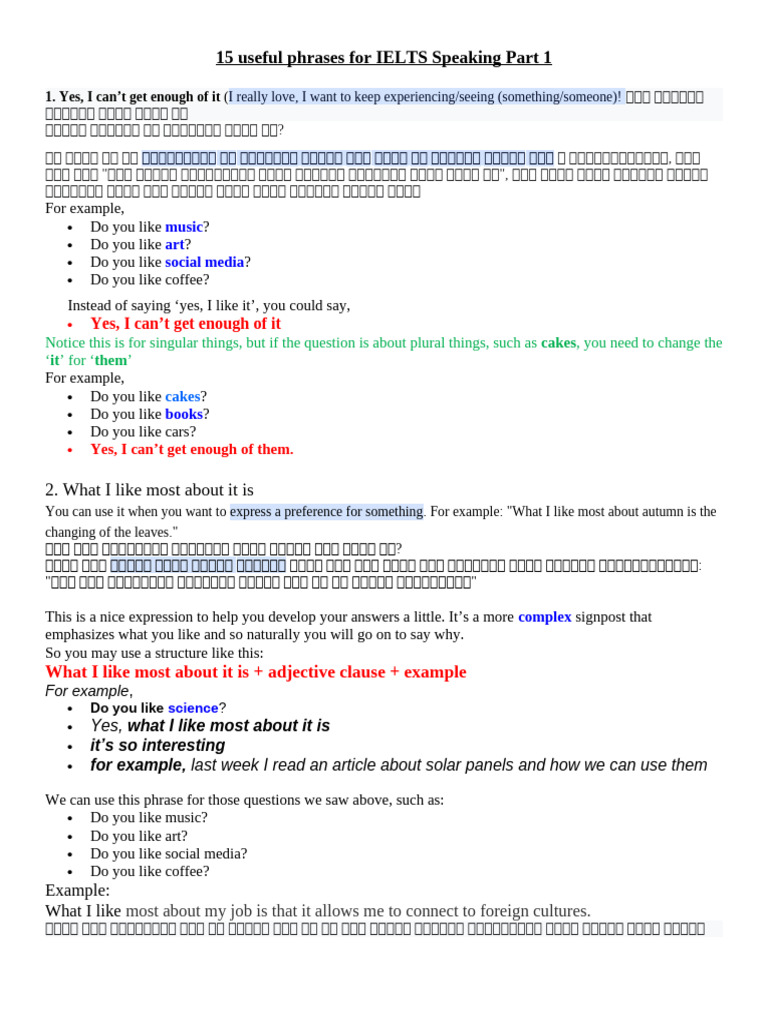 15 Phrases for IELTS Speaking Part 1 | PDF | Linguistic Typology ...
