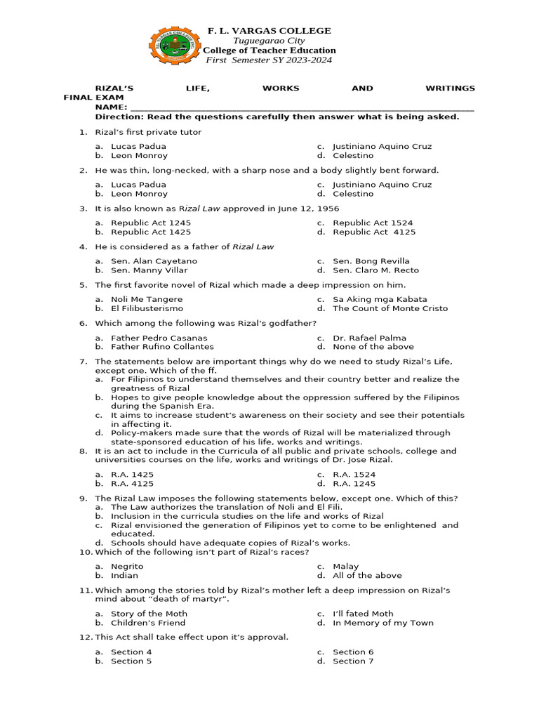 Rizal Final Examination 23-24 | PDF | Philippines