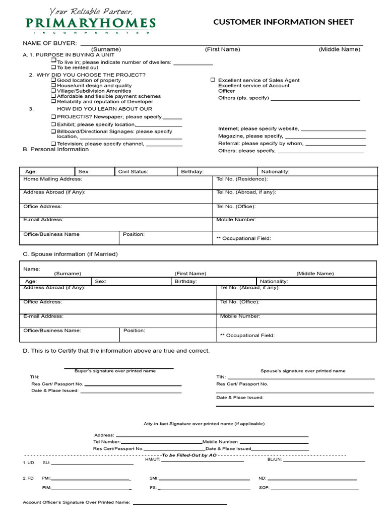 Customer Information Sheet Template | PDF