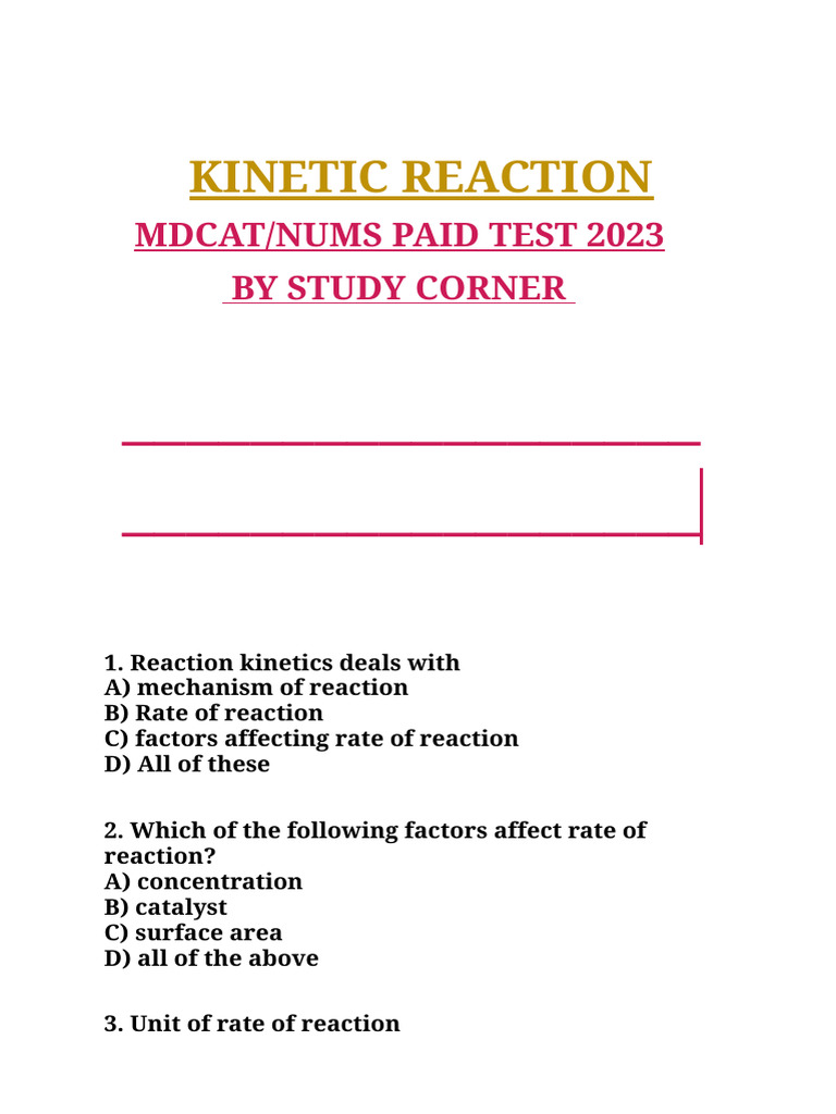 MDCAT MCQs on Reaction Kinetics | PDF | Reaction Rate | Activation Energy