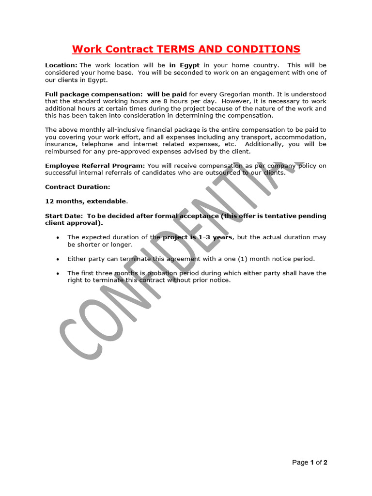 Egypt Work Contract Terms Overview | PDF | Employment | Economies
