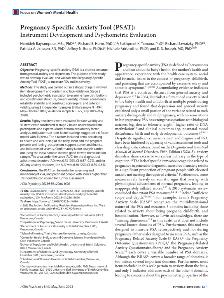 Pregnancy-Specific Anxiety Tool Validation | PDF | Mental Disorder