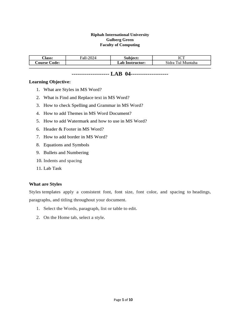 MS Word Skills Lab Guide 2024 | PDF | Microsoft Word | Paragraph