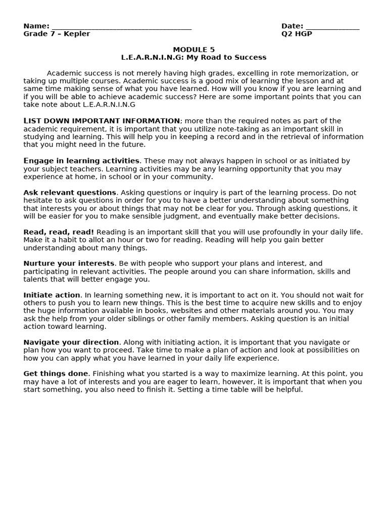 Module 5 Road To My Success | PDF | Learning | Cognitive Science