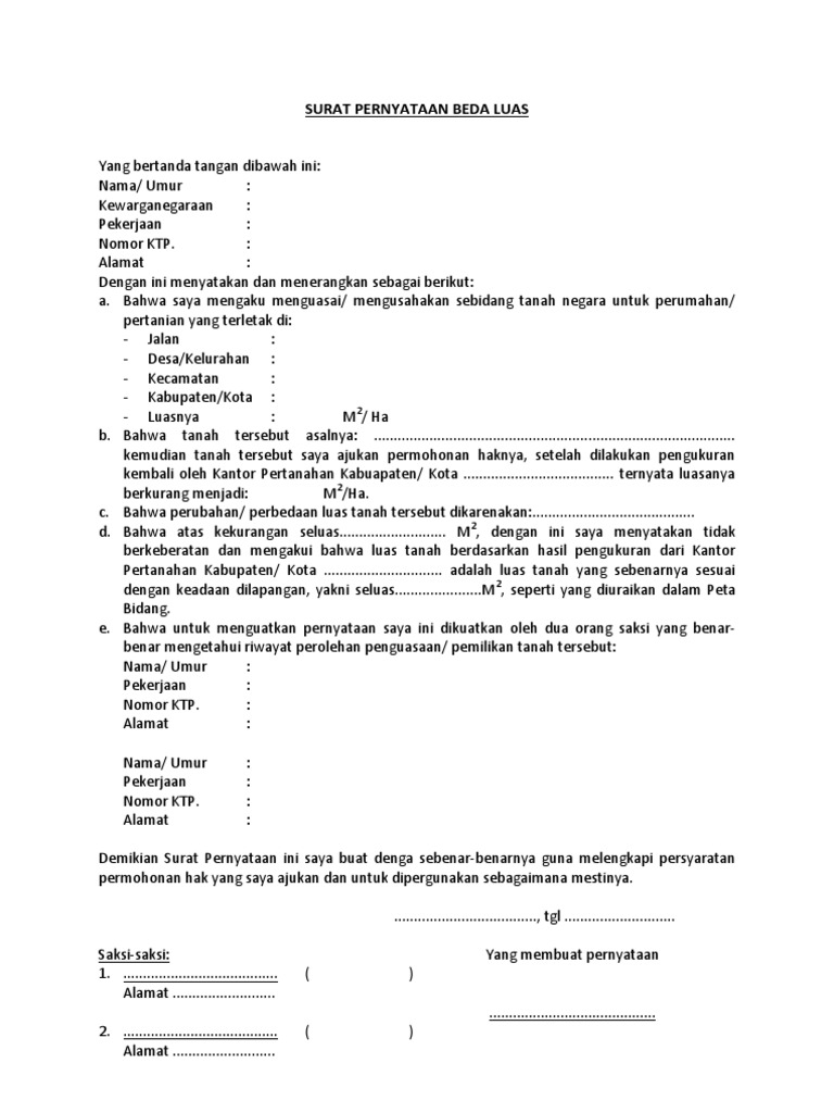 Surat Pernyataan Beda Luas Pdf