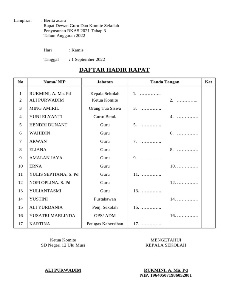 Lampiran Daftar Hadir Rapat | PDF