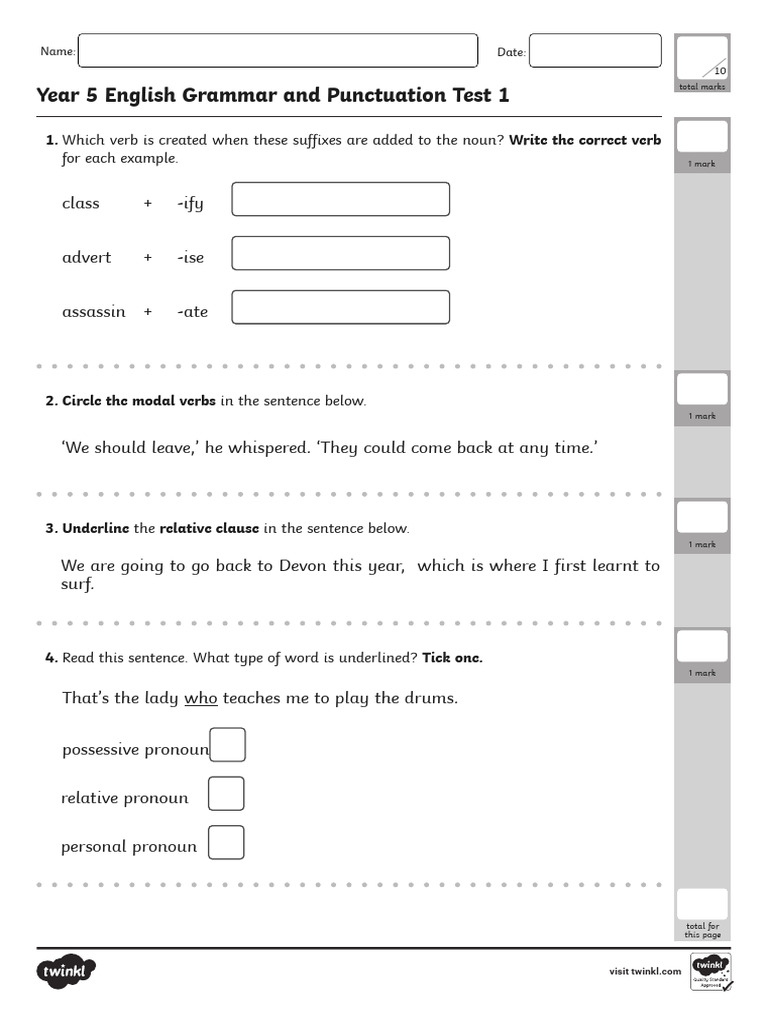 YEAR 5 TITLE - English Grammar and Punctuation Test | PDF | English ...
