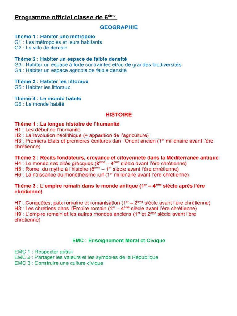Programme Officiel Classe de 6ème | PDF