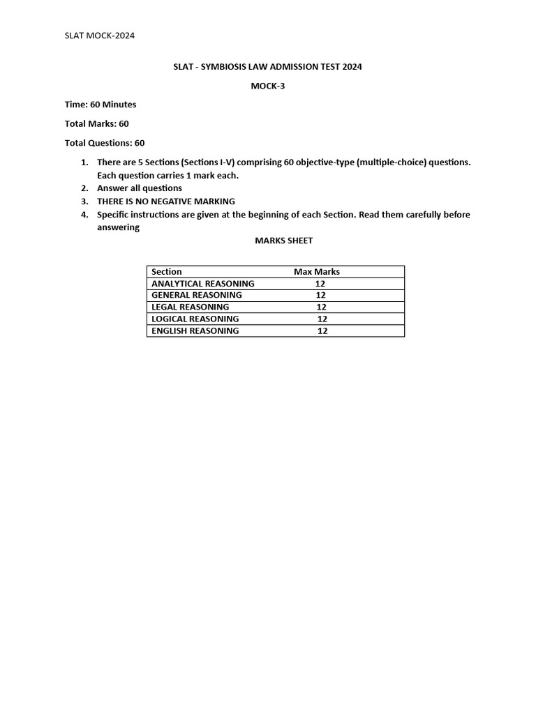 SLAT 2024 Mock Test Overview | PDF