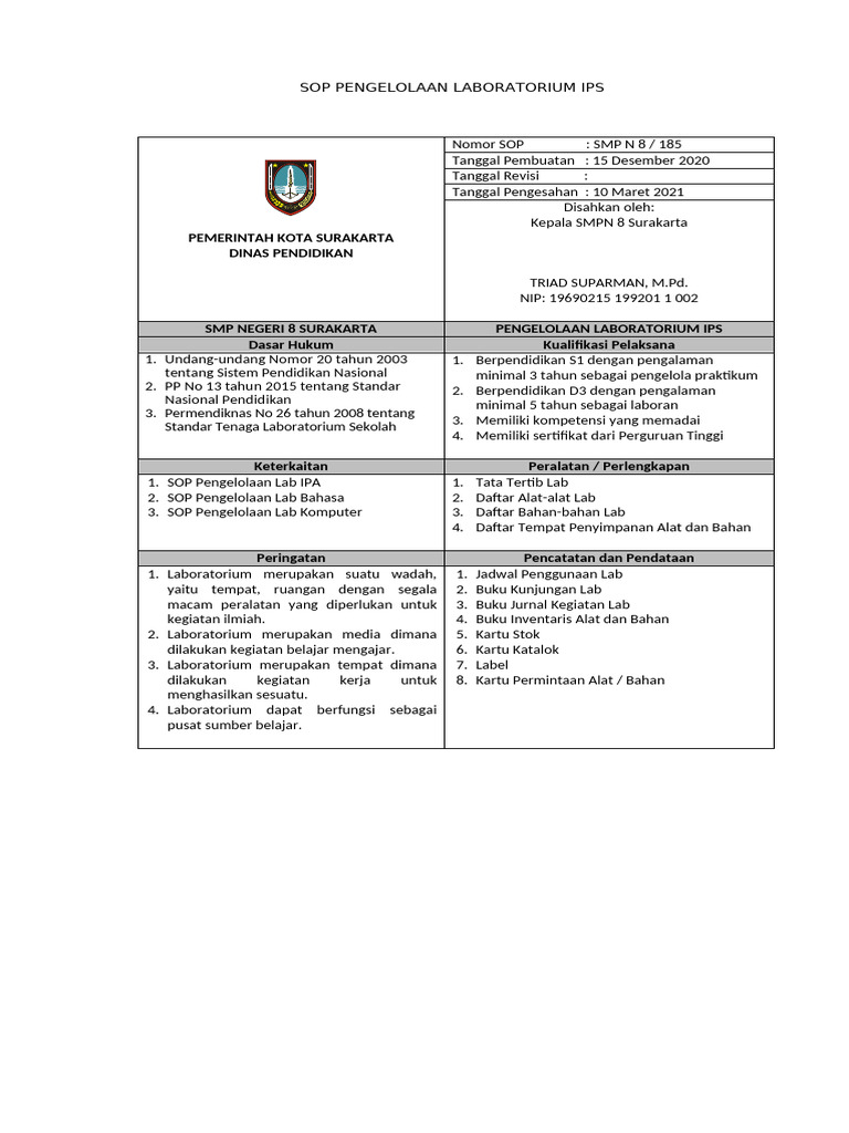 Pengelolaan Laboratorium IPS SMPN 8 | PDF | Teknologi & Rekayasa