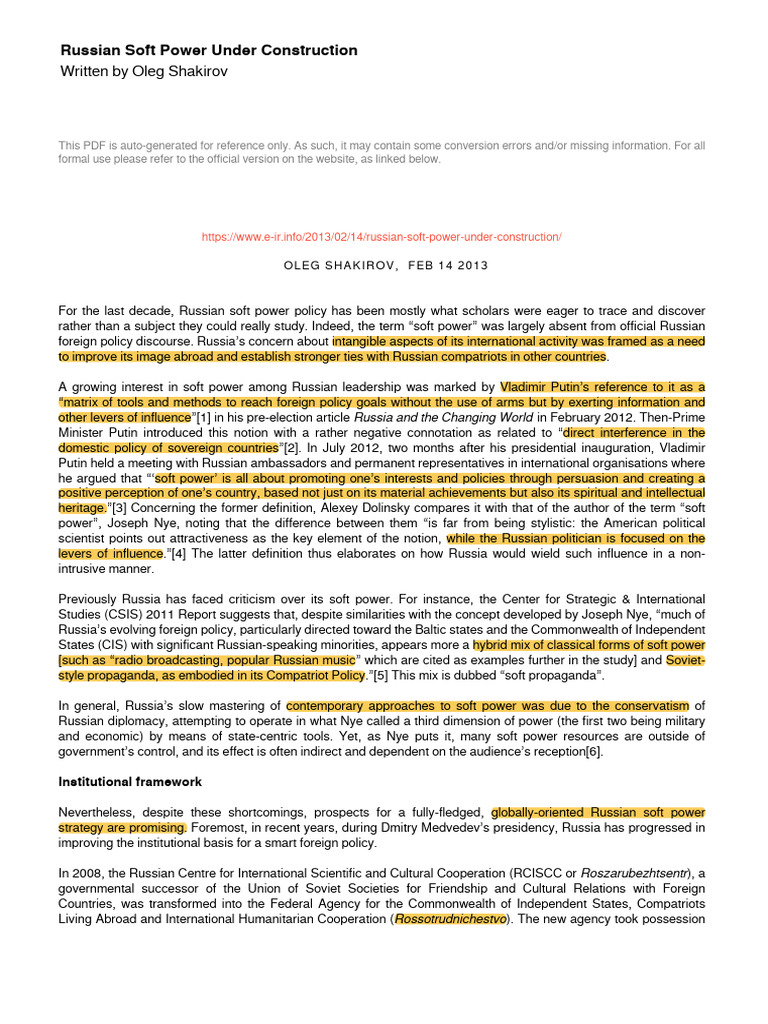 Russian Soft Power Under Construction | PDF | Soft Power | Diplomacy