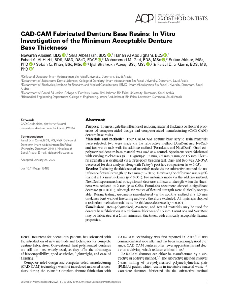 CAD-CAM Denture Base Thickness Study | PDF | Dentures | Poly(Methyl ...