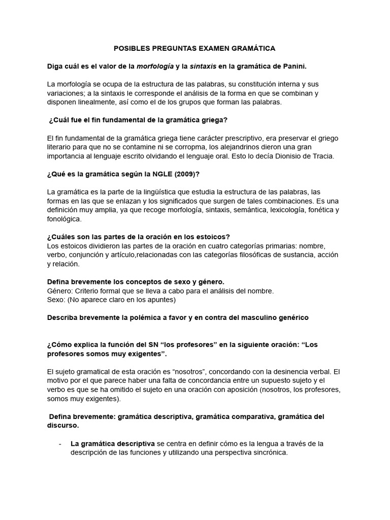 Preguntas para Examen de Gramática | PDF | Asunto (gramática) | Verbo