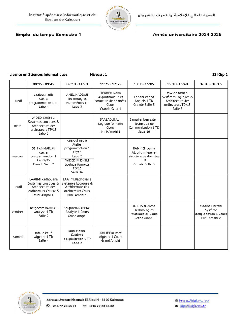 Emploi du temps Licence Informatique 2024-2025 | PDF | Ingénierie ...