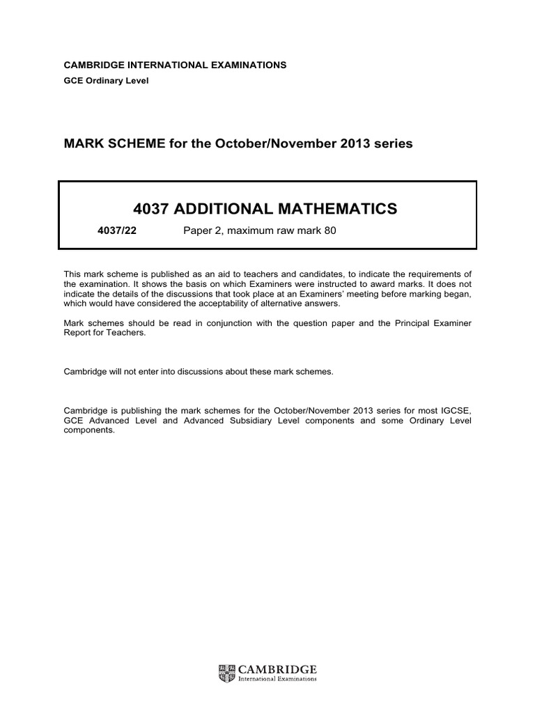 GCE O Level Additional Mathematics Mark Scheme | PDF | Mathematics