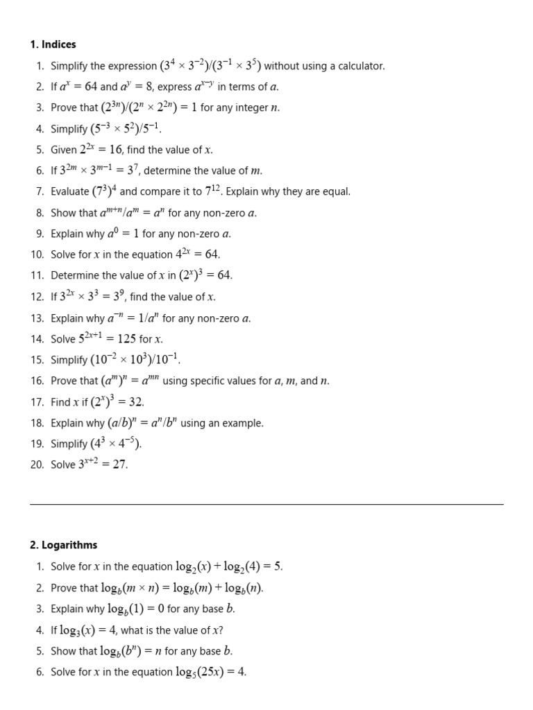 Math Problems on Indices, Logs, and Sequences | PDF | Algebra | Arithmetic