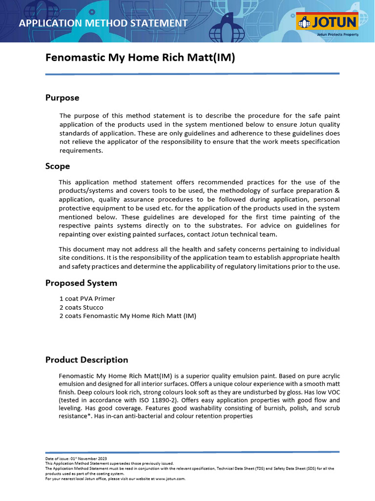 Jotun Fenomastic Rich Matt Application Guide | PDF | Paint | Plaster