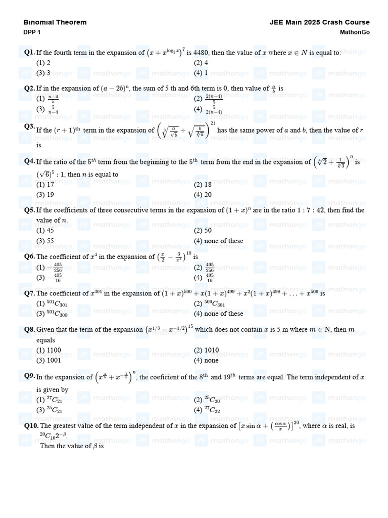 Daily Practice Problems - DPP 1 - Binomial Theorem | PDF | Mathematics ...