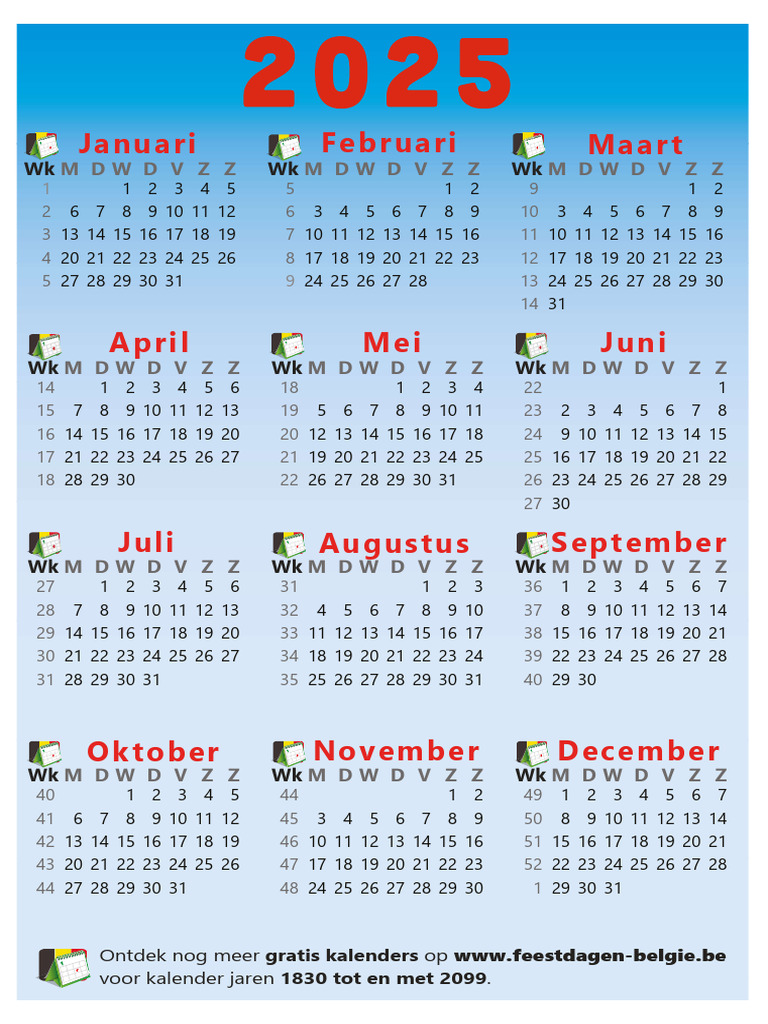 Kalender 2025 Jaarkalender Weeknummers A4 Gratis Download Belgie Agenda ...