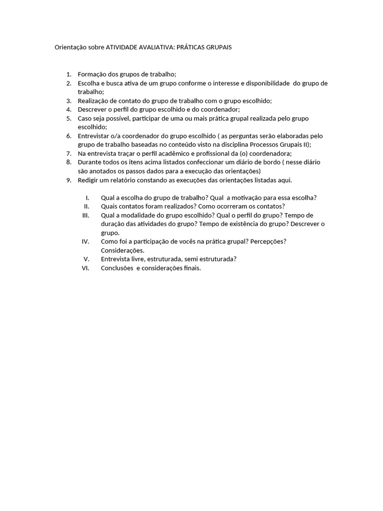 Orientações para Atividade Avaliativa em Grupo | PDF | Carreira e ...