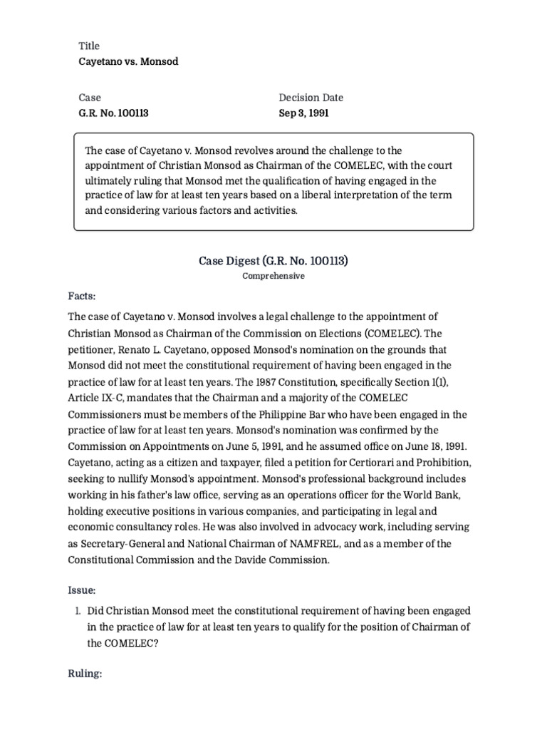 Case Digest - G.R. No. 100113 - Cayetano vs. Monsod | PDF | Commission ...