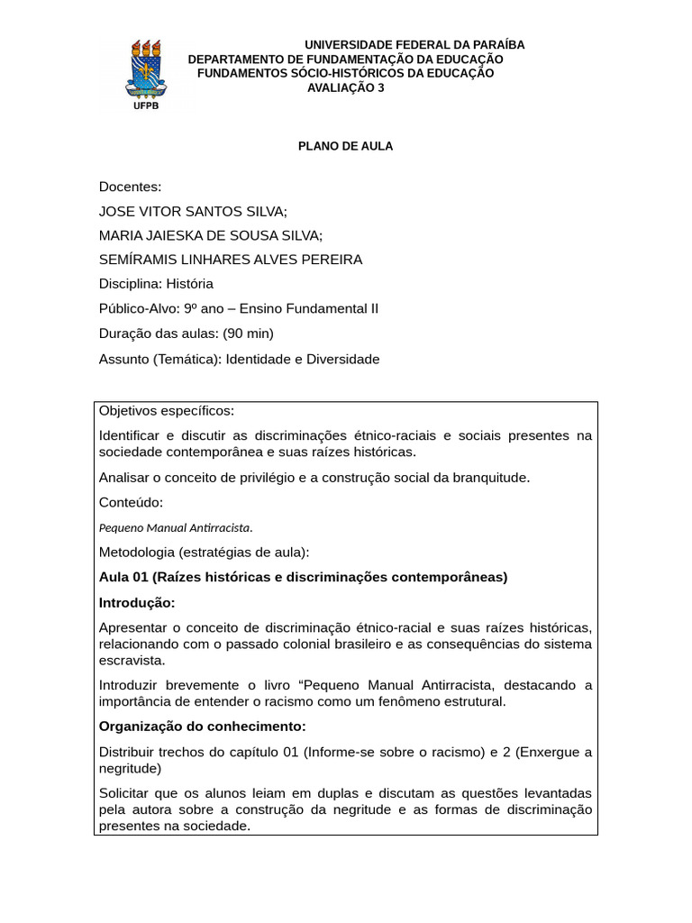 Plano de Aula: Identidade e Diversidade | PDF | Racismo | Discriminação ...