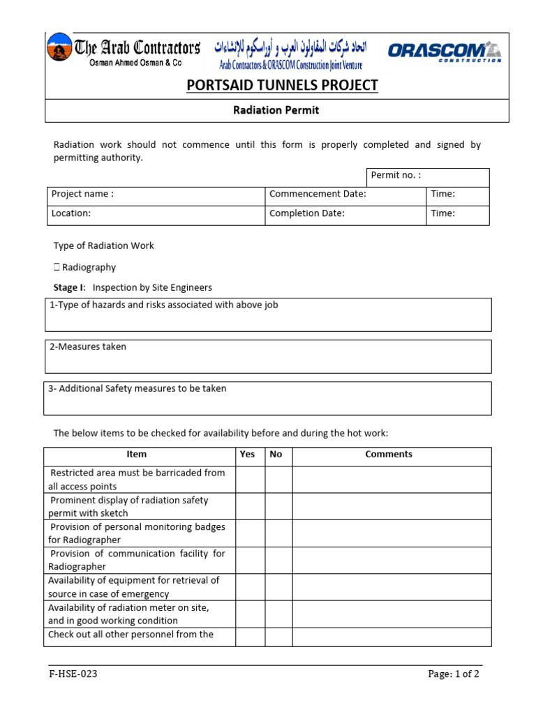 Portsahid Tunnels Radiation Permit Form | PDF | Safety | Occupational ...
