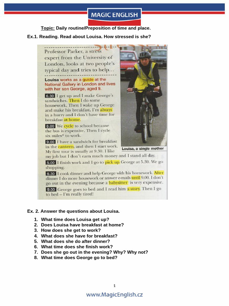 Daily Routine: Time & Place Prepositions | PDF