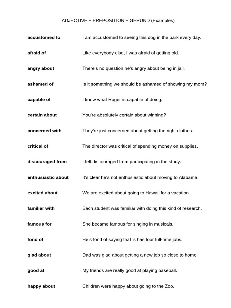 Adjective Preposition Gerund Examples | PDF