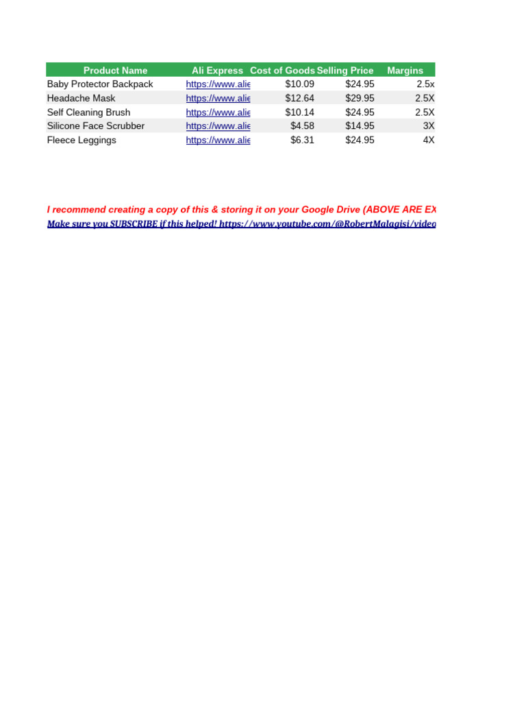 Product Research Spreadsheet PDF