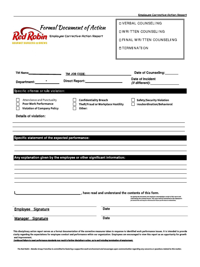Red Robin Disciplinary Action Report | PDF