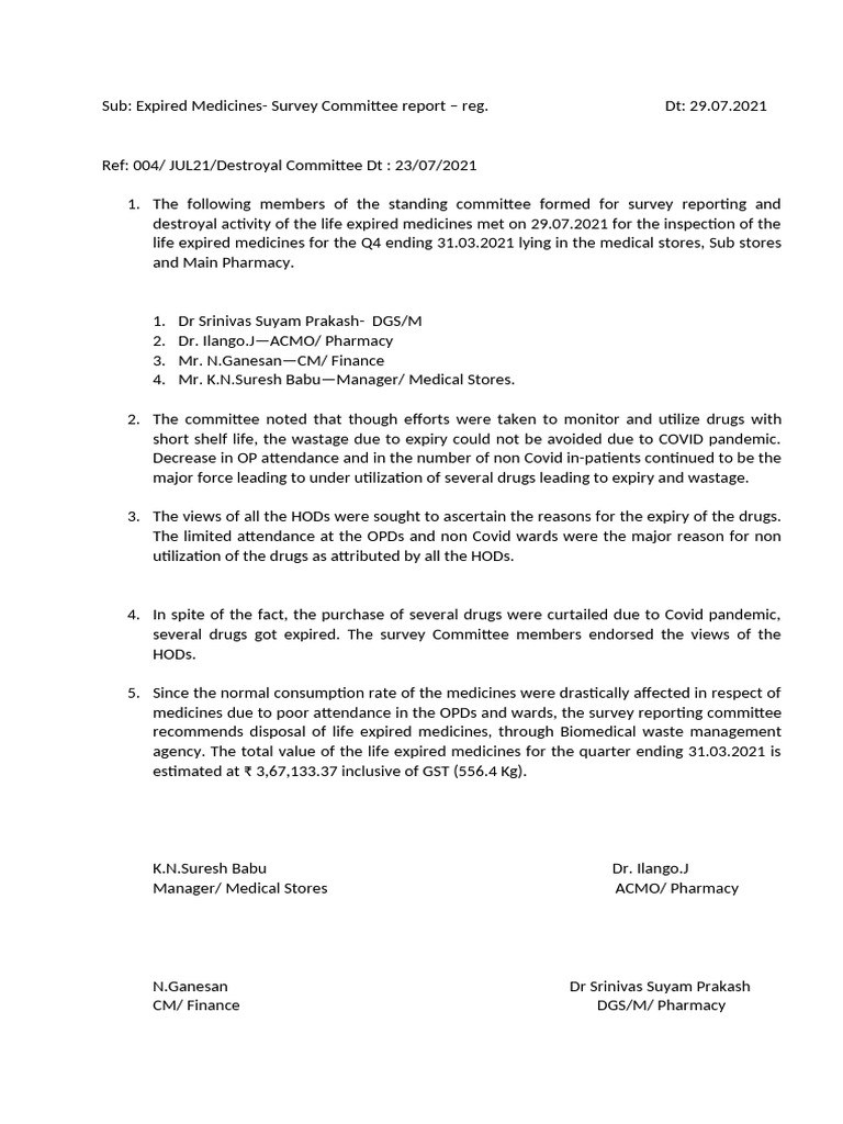 Expired Medicines Disposal Report | PDF | Health Sciences | Medicine