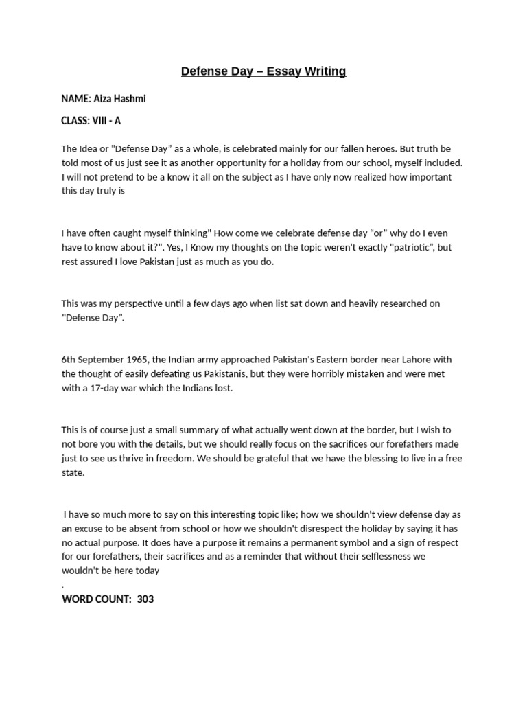 Defence Day Essay - Aiza Hashmi VIII - A | PDF | General Fiction