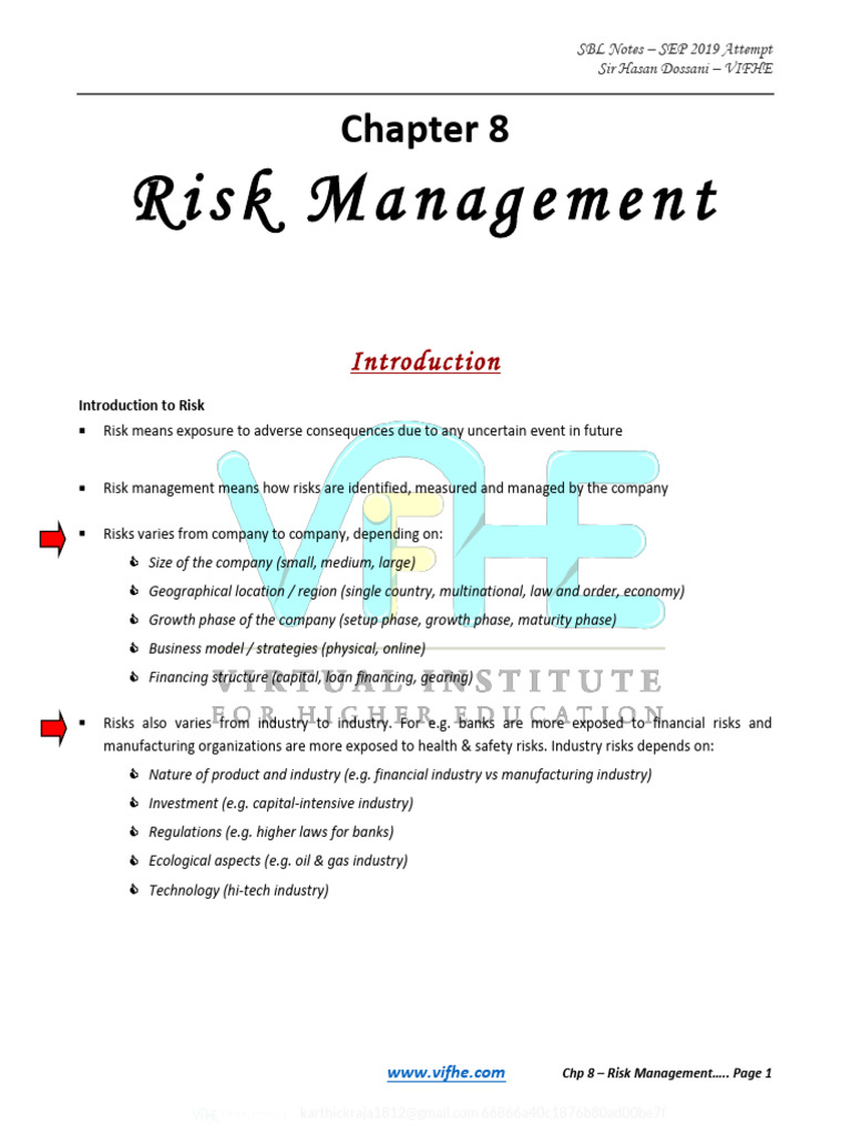 CHP 8 - Risk (SBL Notes by Sir Hasan Dossani) | PDF | Risk | Risk ...