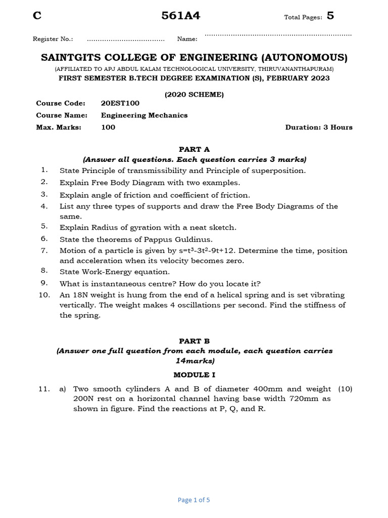 Engineering Mechanics Exam | PDF | Force | Acceleration